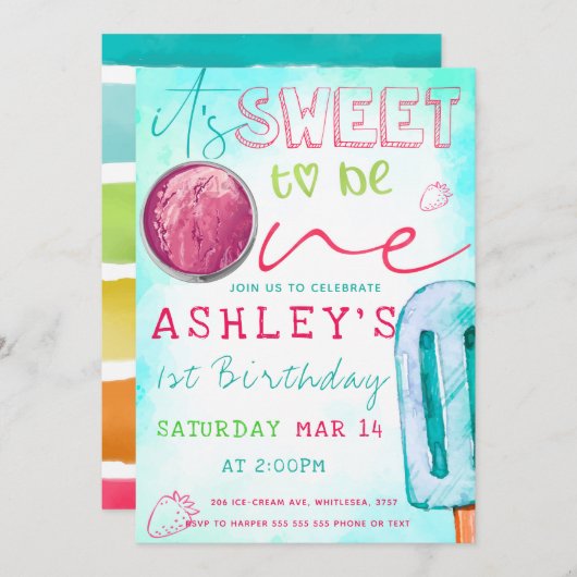 Eiscreme Party zum ersten Geburtstag Einladung (Vorne/Hinten)