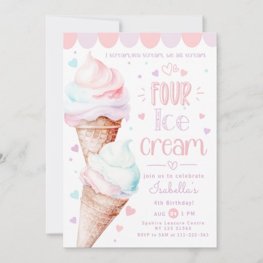 Eiscreme pastellrosa 4. Geburtstag Einladung (Vorderseite)