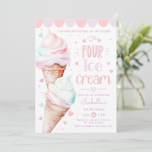 Eiscreme pastellrosa 4. Geburtstag Einladung (Stehend Vorderseite)