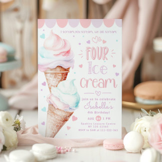 Eiscreme pastellrosa 4. Geburtstag Einladung