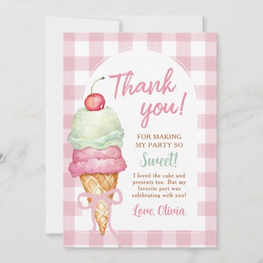 Eiscreme Pink Bow Gingham Birthday Party Dankeskarte (Vorderseite)