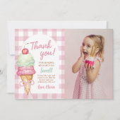 Eiscreme Pink Bow Gingham Birthday Party Foto Dankeskarte (Vorderseite)