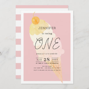 Eiscreme Pink Stripe Girl 1. Geburtstag Einladung