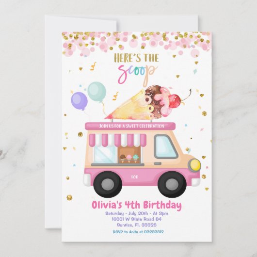 Eiscreme Pink Truck Sweet Time Birthday Einladung (Vorderseite)