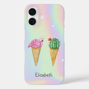 Eiscreme Rosa Flamingos Cactus Holographic iPhone 16 Hülle