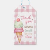Eiscreme Rosa Schleife Gingham Geburtstagsfeier Geschenkanhänger (Vorderseite)