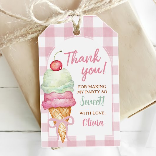 Eiscreme Rosa Schleife Gingham Geburtstagsfeier Geschenkanhänger