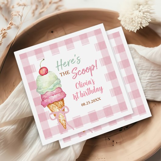 Eiscreme Rosa Schleife Gingham Geburtstagsfeier Serviette