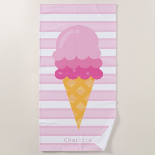 Eiscreme, rosa, weiße Streifen, Monogramm Strandtuch (Vorderseite)