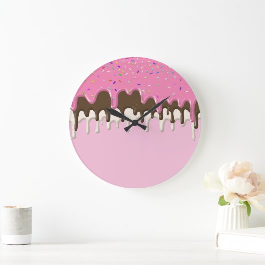 Eiscreme Rosa Zuckerguss Sprinklen Tropfen Große Wanduhr (Zuhause)