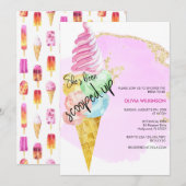 Eiscreme Scoop | Gold Pink Glitzer Brautparty Einladung (Vorne/Hinten)