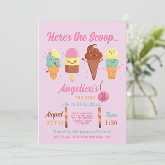 Eiscreme Scoop Shop Niedlich Girls Lolly Einladung (Stehend Vorderseite)
