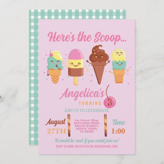 Eiscreme Scoop Shop Niedlich Girls Lolly Einladung (Vorne/Hinten)