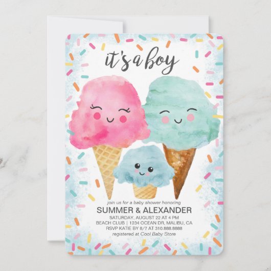 Eiscreme Scoop Sprinkle Summer Boy Baby Dusche Einladung (Vorderseite)