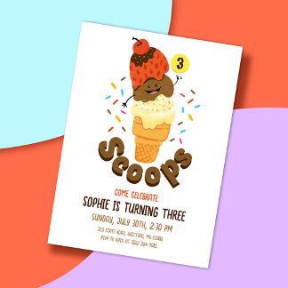 Eiscreme Scoops Kinder 3. Geburtstag Party lädt ei Einladung