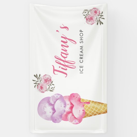 Eiscreme-Shop Pink Blumengeburt Party Banner (Vertikal)