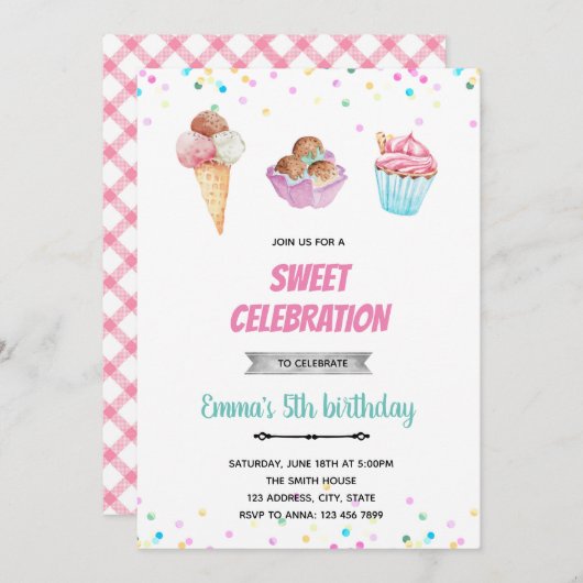 Eiscreme Sonnendei Kuchen Einladung (Vorne/Hinten)