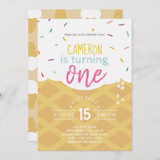 Eiscreme | Sprinkle | Einladung zum 1. Geburtstag (Vorne/Hinten)