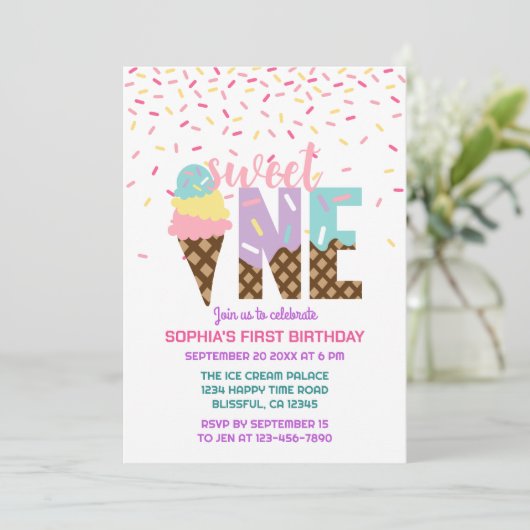 Eiscreme & Sprinkles Sweet One 1. Geburtstag Einladung (Stehend Vorderseite)