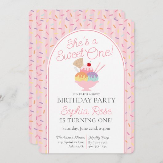 Eiscreme Sundae Sweet One First Birthday Party Einladung (Vorne/Hinten)