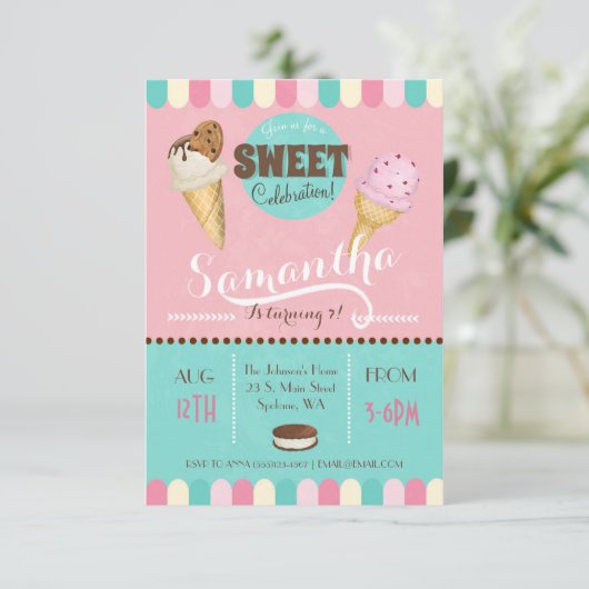 Eiscreme Süße Geburtstagsparty Einladung (Stehend Vorderseite)