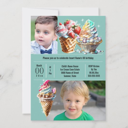 Eiscreme Süßigkeiten Sommer DIY Foto Kinder blau Einladung (Vorderseite)