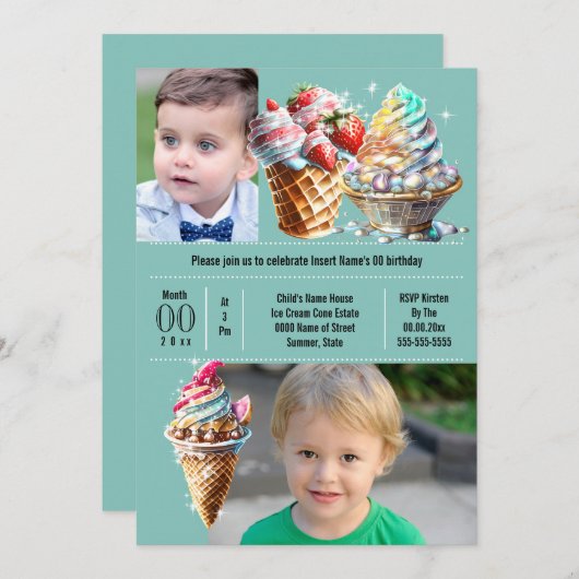 Eiscreme Süßigkeiten Sommer DIY Foto Kinder blau Einladung (Vorne/Hinten)