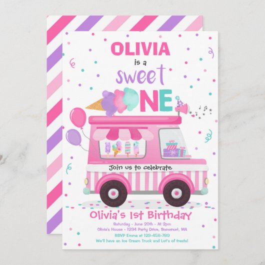 Eiscreme Sweet One Birthday Ice Cream Truck Invit Einladung (Vorne/Hinten)