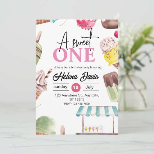 Eiscreme Thema 1. Geburtstag Einladung (Stehend Vorderseite)