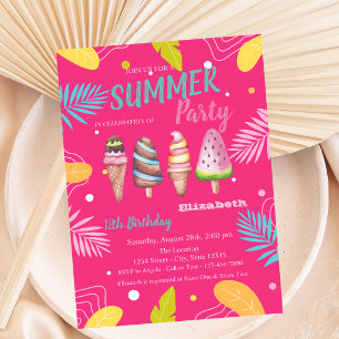 Eiscreme Tropical Leaves Pink Geburtstag Einladung
