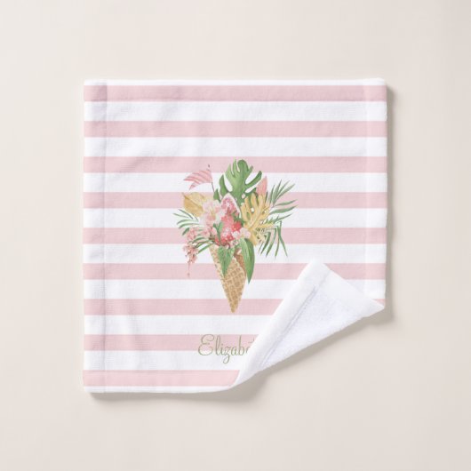Eiscreme, tropische Blätter Obst, rosa Streifen Badhandtuch Set (Waschlappen)
