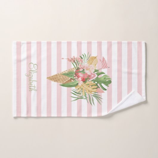 Eiscreme, tropische Blätter Obst, rosa Streifen Badhandtuch Set (Handtuch)