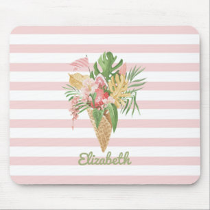 Eiscreme, tropische Blätter Obst, rosa Streifen Mousepad