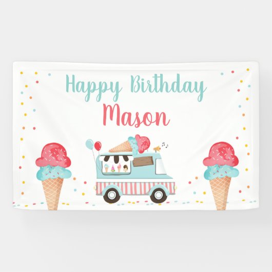 Eiscreme Truck Red Blue Boy Geburtstag Hintergrund Banner (Horizontal)