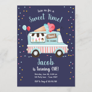 Eiscreme Truck Sweet Time Boy Red Blue Birthday Einladung