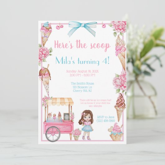 Eiscreme und Blumengeburt Einladung (Stehend Vorderseite)