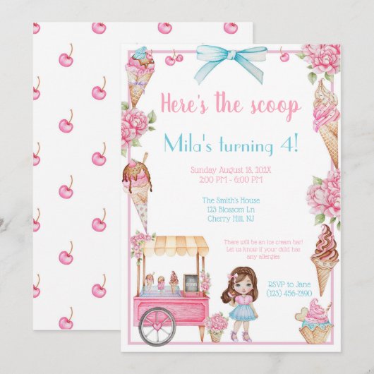 Eiscreme und Blumengeburt Einladung (Vorne/Hinten)