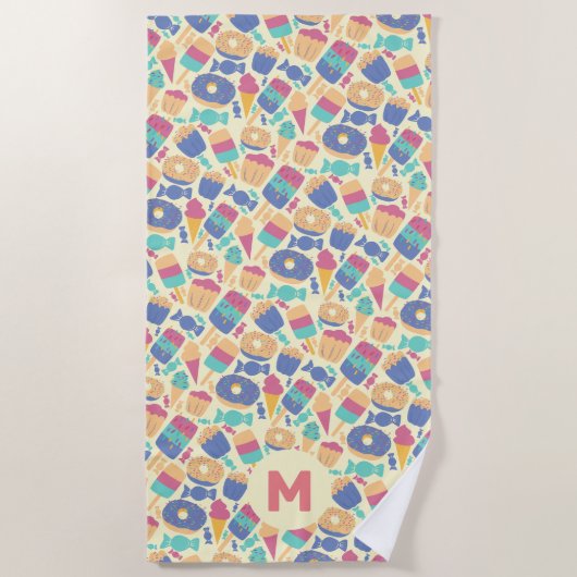 Eiscreme und Candy Summer Pattern Monogramm Strandtuch (Vorderseite)