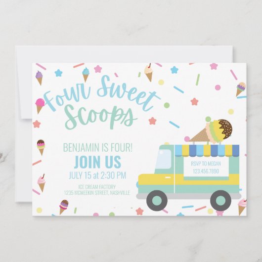 Eiscreme Vierte 4. Geburtstag Geschwister Zwilling Einladung (Vorderseite)