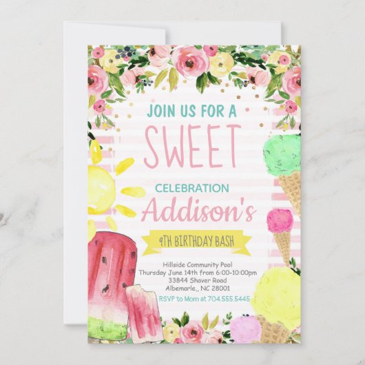 Eiscreme zum Geburtstag Sommerpool Party Einladung (Vorderseite)