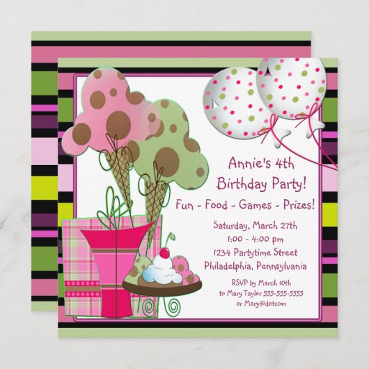 Eiscremekonen und Balloons zum Geburtstag Einladung (Vorne/Hinten)