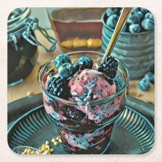 Eiscremekuchen mit Beeren Rechteckiger Pappuntersetzer (Vorderseite)