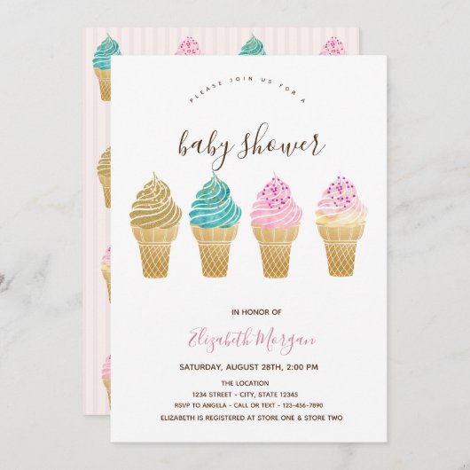 Eiscremes Rosa Stripte Kinderdusche Einladung (Vorne/Hinten)