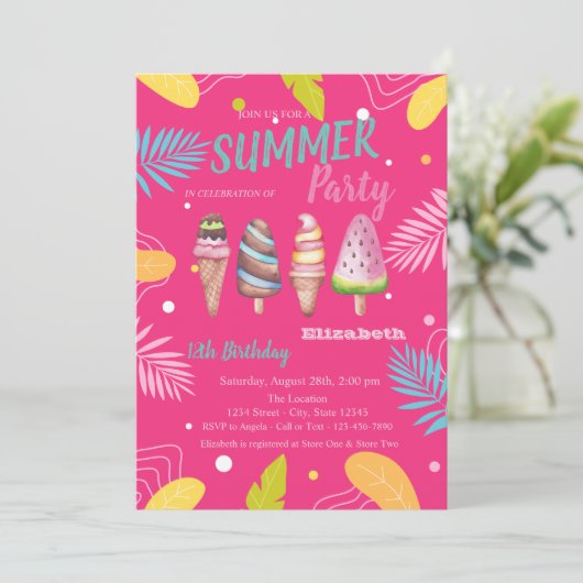 Eiscremes Tropische Blätter Rosa Geburtstag Einladung (Stehend Vorderseite)