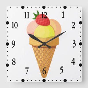 Eiscremesuppen und Erdbeeren in Waffelkonus Quadratische Wanduhr
