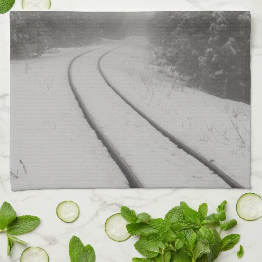 Eisenbahn-Tracks Winternebel-Foto Geschirrtuch (Gefaltet)