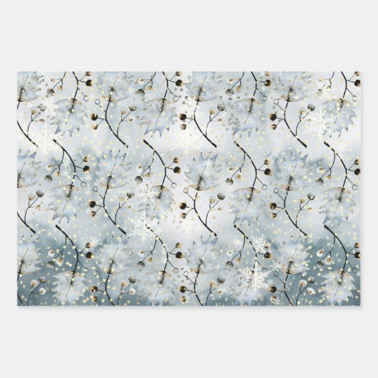 Eisgrau Winter Holly Berries Goldener Schneefall Geschenkpapier Set (Vorderseite 2)