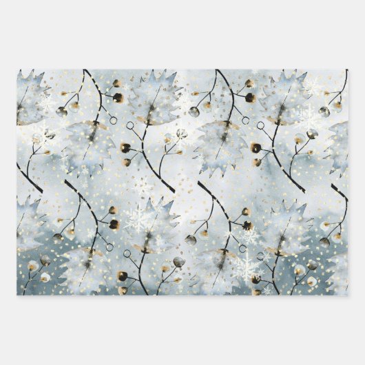 Eisgrau Winter Holly Berries Goldener Schneefall Geschenkpapier Set (Vorderseite)