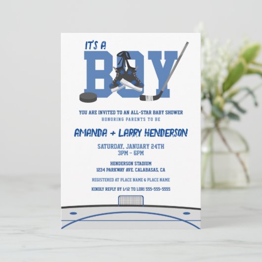 Eishockey-Baby-Dusche Einladung (Stehend Vorderseite)