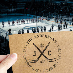 Eishockey-Fan-Familie oder Hochzeit-Rücksendeadres Permastempel